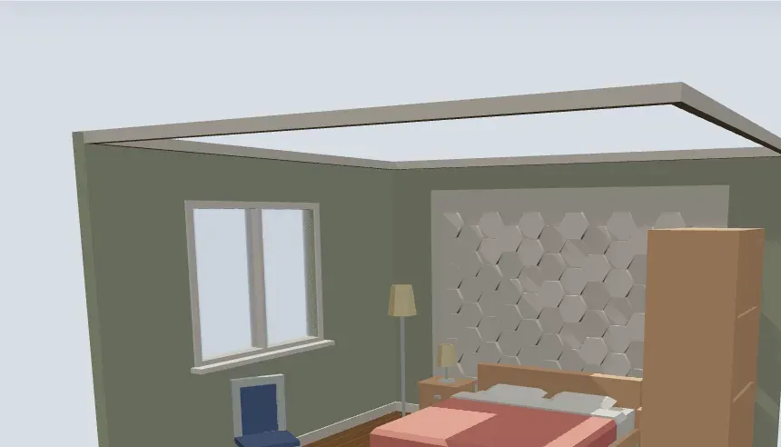 Ambiente de quarto que ilustra a simulação 3D de gesso da Cris Gesso